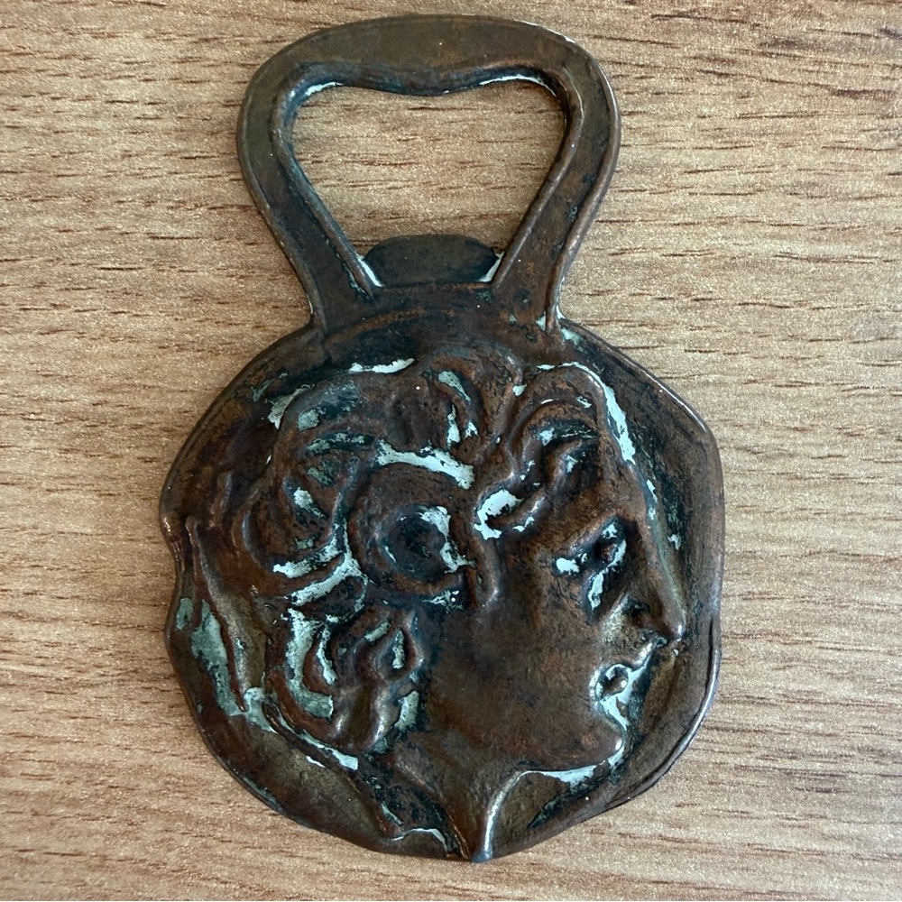 VTG Greek Medallion Apollo Brass Verdigris Bottle Opener Made in Greece Mythical